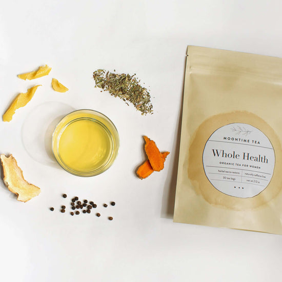 Organic Whole Health Women's Herbal Tea Blend with herbs and packaging